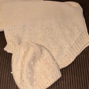 Chicos tan pearl stud embellished acrylic wrap scarf hat set